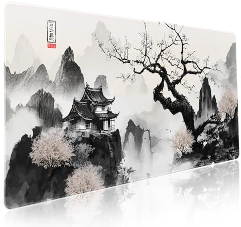 Großes Mauspad mit japanischem Kirschblüten-Anime, XXL, schwarz-weiß, Sakura-Baum, Berge, erweiterte große Schreibtischunterlage, 90 x 40 cm, rutschfeste Gummiunterseite, genähter Rand, langes