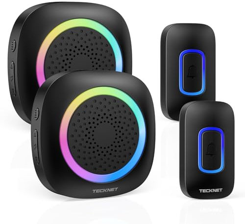 TECKNET Sonnette sans Fil Exterieur Etanche, 400M RVB Sonnette sans Fil avec 2 Récepteur, 2 Émetteur, Étanche IP66 Pile Carillon sans Fil avec 60 Mélodies et 5 Niveaux, pour Maison, Hôtel, Noir
