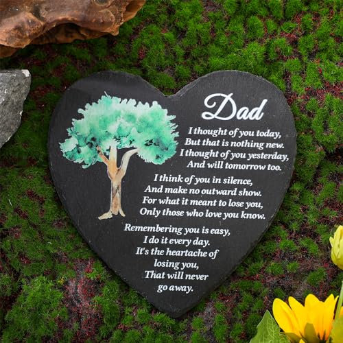 Landical Memorial Stone Heart Shaped Memorial Stone Slate with Bracket Sympathy Gifts for Loss of Ones Decorative for Home(Dad, Green Tree)