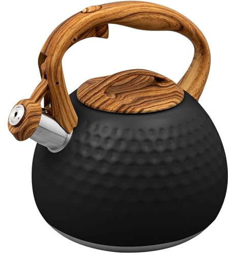 Tea Kettle, 2.7 Quart / 3 Liter Stainless Steel Whistling Tea Kettle for Stove Top, Food Grade Teapot with Wood Pattern Handle for Coffee, Tea, Milk etc, Gas Electric Applicable (Black)