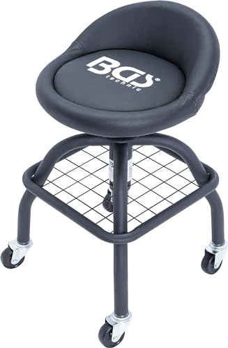 BGS 70145 | Werkstattstuhl | mit 4 Rollen | höhenverstellbar 540-680 mm | Tragfähigkeit max. 150 kg | Stahlrohrrahmen Ø 25 mm | PU-Schaumpolster & PU-Kunstleder | Sitzfläche 360° drehbar
