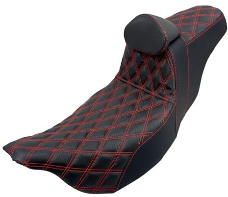 HDBUBALUS Two Up Motorradsitz vorne hinten Fahrer Beifahrersitz mit Lendenwirbelstütze für Harley Touring 2009–2023 roter Gewindesitz
