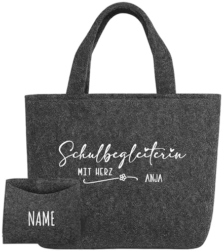Amberger Design Filztasche personalisiert „Schulbegleiterin mit Herz – Nachhaltige Shopper-Tasche aus 100% recyceltem Polyester – Geschenk für Erzieherin, Lehrerin & Schulbegleiter – Dunkelgrau, 22L