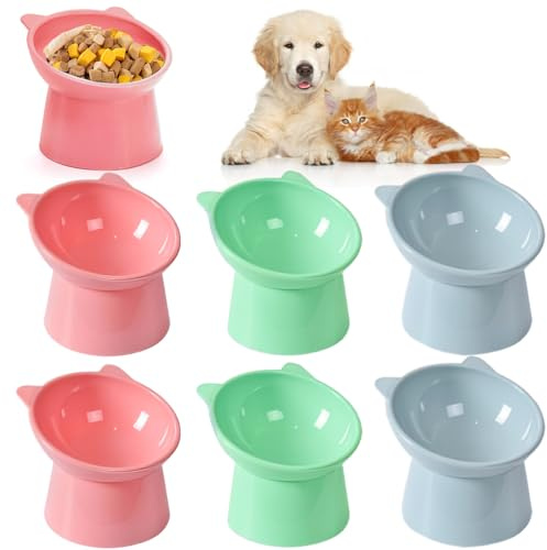 Mezchi 6 Pack Raised Cat Bowls for Indoor Cats, Plastic Elevated Cat Bowls Dishes, 15 Degrees Tilted Cat Food Bowls, Anti-Vomiting and Whisker Friendly, 3 Colors