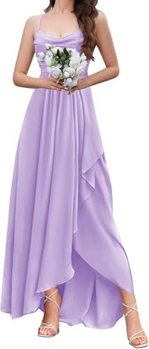 HPPEE Vestido de gasa para dama de honor con cuello drapeado y abertura fruncida, acampanado, vestido de noche formal, Lila, 54 Más
