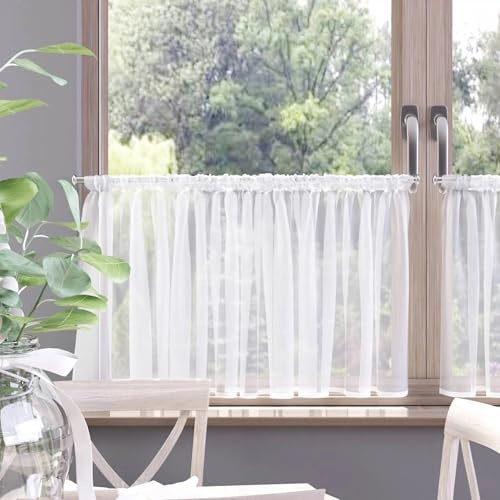 Gardinen Vorhangen Weiß 400x40 cm (BxH) Jaspis Kurz Voile Bistrogardine Scheibengardine Vorhänge Fertiggardine Küchengardine