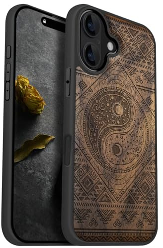 Carveit Holz Cover für iPhone 16, Nussbaum-Die Sonne und Mond | Handyhulle kompatibel MagSafe Massivholz für iPhone 16 Handyhülle Stoßstange Weich TPU Case