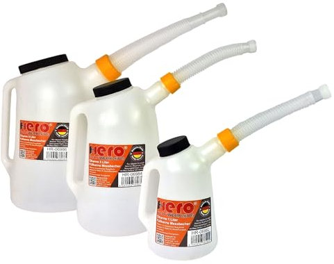 HERO Ölkannen Füllkanne Messkanne SET 1L + 3L + 5L Messbecher mit flexiblem Ausgussstutzen und Deckel Wasser Kanne Auto Ölwechsel Kfz