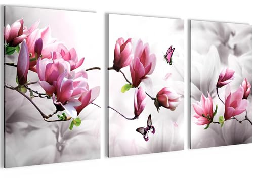 Novart Bilder Set Blumen Magnolien - Kein Extra Rahmen benötigt - Wandbilder für Wohnzimmer Schlafzimmer Flur - 3 Teilig Deko Grau Rosa - N035636a