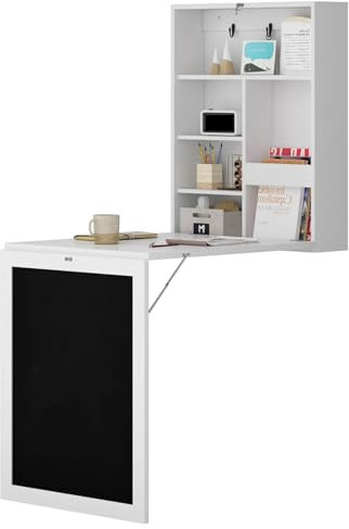 Schwebender ausklappbarer Tisch zur Wandmontage mit Ablagen und Tafel, Weiß