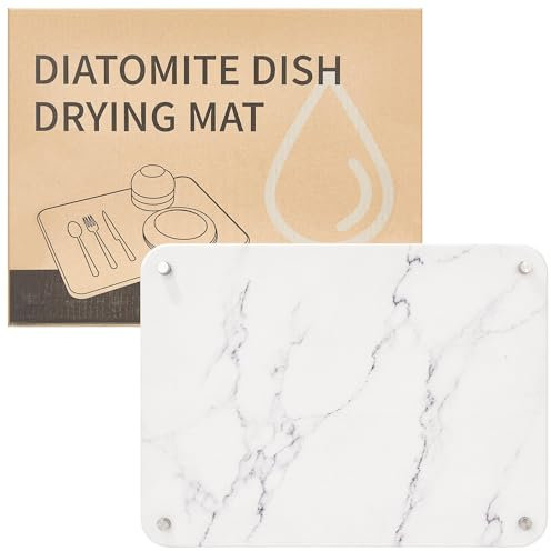 Stone Dish Drying Mat for Kitchen Counter, Quick Drying Diatomaceous Earth Dish Drying Mat with 4 Metal Feet for Kitchen Sink, Size 40x30cm, White Marble Style