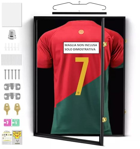 ONE SHOP di Bracalente Piero Teca Quadro Vetrinetta Bacheca Cimeli Sportivi Cornice maglie sportive autografate maglie artisti musciali Quadro in LEGNO chiave di chiusura 60x80 cm