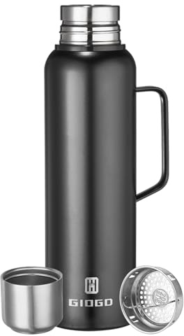 Bouteille isotherme de 1500 ml avec couvercle en acier inoxydable étanche pour garder le café chaud et froid (noir, avec poignée, 1500 ml)