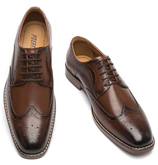 Poerkan Zapatos Oxford y Derby de vestir formales para hombre: clásicos de cuero con cordones en negro y marrón con detalles de brogues patentados, Brown, 46 EU