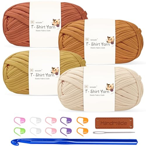 Tshirt Garn 4x100g Häkelgarn für Taschen, Häkelgarn Bändchengarn Baumwollgarn für Häkeln, Textilgarn mit 10mm Häkelnadel & Zubehör – Ideal für Taschen, Körbe & Textilprojekte