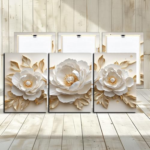 White Flowers Canvas Wall Art - Big Beauty Flowers Wall Picture for Living Room Bathroom Wall Decoration Print Poster Modern Artwork Wooden Framed Home Office Wall Decor 12x16 Inch 3 Panels