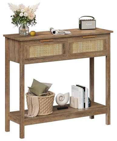 Trironsun Konsolentisch mit Rattan Schubladen und Ablage Boho Flurtisch mit 2 Schubladen, Holz Sideboard für Wohnzimmer Eingangsbereich oder hinter dem Sofa (Eiche karamell)