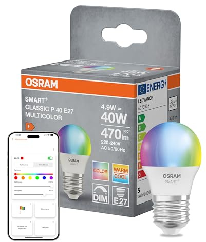 OSRAM Lampada LED SMART+ P40 RGBW E27, mini forma sferica, Wi-Fi, controllabile tramite app, compatibile con Matter, Alexa, Google Assistant