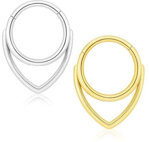BAGUBDR 2 PCS Septum Ring, 8mm Septum Piercing Jewellery, Seamless Hoop Nose Rings, Septum Clicker Hinged Clicker for Nose Piercing, Body Jewelry for Daily Wear Special Occasions(Silver and Gold)