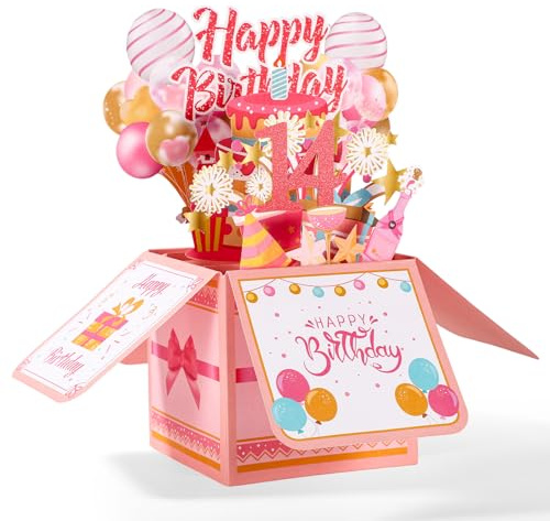 Biglietti Regalo di Compleanno Pop-up, Biglietto d'Auguri 3D di Buon Compleanno con Busta Regalo Creativo per Feste per Figlie Sorelle e Amiche (14 Anno)