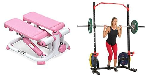 Sunny Health and Fitness Exercise Stepping Machine, Portable Mini Stair Stepper + Power Zone Squat Stand Rack Power Cage - SF-XF9931