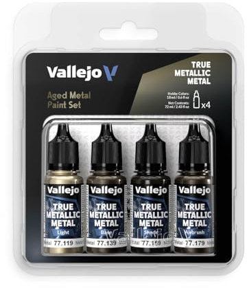 Vallejo Set de Peinture Métallique True Metallic de 4 Couleurs, Inclut BASE, LIGHT, SHADE et AIRBRUSH, Résultats Consistents et Adaptables, Série BSL