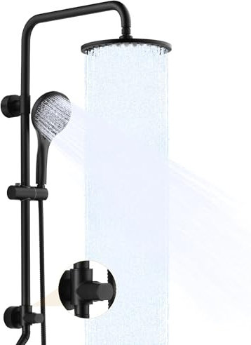BRIGHT SHOWERS Rain Shower System Combo - 9 Inch Rainfall & Handheld Shower Heads with Power Wash, Solid Brass Rail, Height Adjustable Holder, 60 Inch Long Stainless Steel Hose, Matte Black