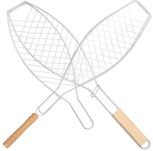 Levemolo Cestello per Griglia Rotondo in Metallo 2 Pezzi con Rete Fine e Spessa Clip per Barbecue Pesce con Manico in Legno Attrezzo per Barbecue Esterno per Grigliare Pesce e Pane