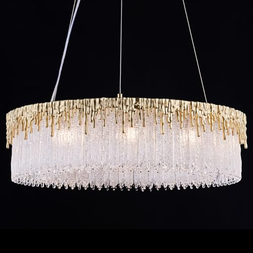 kvtinmty 23.6 Modern Luxury Glass Crystal Chandelier,Gold Glass Drop Chandeliers with Dripping Gold Edge,Round Dining Room Chandelier Pendant for Bedroom Entryway Living Room Kitchen Island