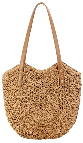 HTTDSLF Borsa da Spiaggia Grande, Borsa a Mano in Paglia con Cerniera e Cinturino, Spiaggia in Stile Bohémien Estivo, Borsetta Donna di Vacanza Casual, Adatta per Viaggi in Vacanze (Marrone)