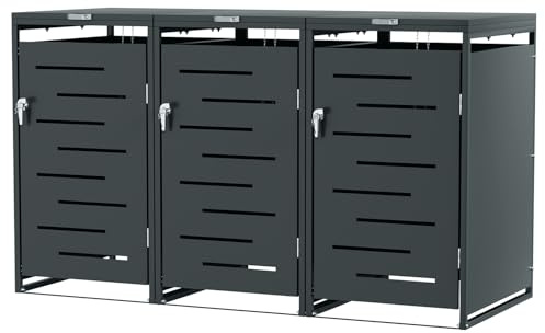 Jayseuw Mülltonnenbox 3er für 3 x 120L und 240L Tonnen, Mülltonnenverkleidung aus verzinktem Stahl, pulverbeschichtet, wetterfest, abschließbar mit Schloss und Gasdruckdämpfer, Anthrazit