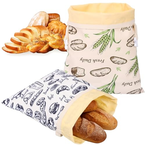 Deuson 2 stycken brödpåsar med bivax, återanvändbara brödpåsar i linne 43 x 33 cm, avtagbar, brödpåse i två lager med spänne, för hembakat bröd och bakverk, Färgglad stil 3, A