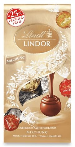 Lindt Schokolade LINDOR Mischung | Promo | 4 x 137g Beutel | ca. 10 LINDOR Kugeln mit zartschmelzender Füllung in den Sorten Milch, Dark 60%, Weiß, Haselnuss | Pralinen-Geschenk | Schokoladen-Geschenk
