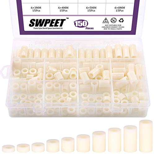 Swpeet 150 Stück Nylon Rund Abstandshalter Abstandsmutter-Sortiment, Nylon PA66 Kunststoff Abstandshalter Außendurchmesser 11 mm und ID 6,2 mm Länge 3 mm 4 mm 5 mm 8 mm 10 mm