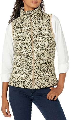 Amazon Essentials Damen Leichte wasserabweisende und packbare Steppweste, Helles Kamelbraun Leopardenmuster, S