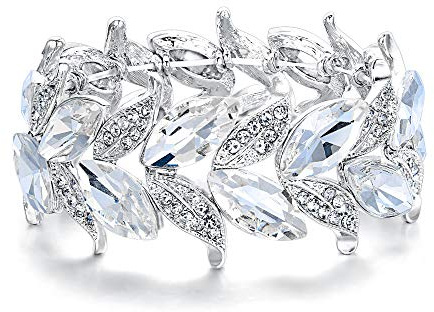 Clearine Pulsera de Mujer de Novia con Forma de Marquesa Elástica de Cristal con de Hoja,Color Claro Plata-Tono