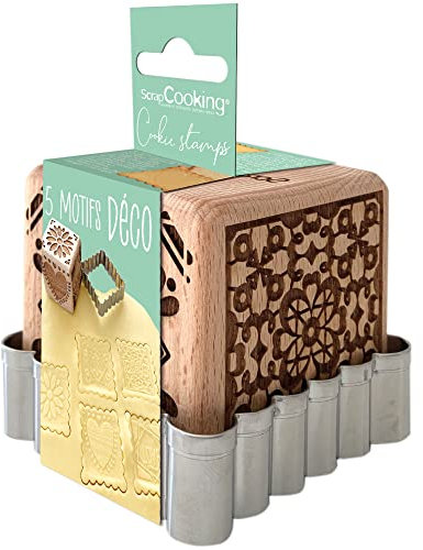 SCRAP COOKING 5139 Timbro per pasticceria in legno con motivi decorativi fatti in casa con 1 taglierina per biscotti e cubo decorativo con 5 facce incise in rilievo-stampo decorazione-5139