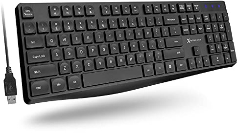 X9 Performance Wired Keyboard - Ultra Slim Full Size Ergonomic Computer Keyboard - Basic USB Keyboard for PC Desktop, Laptop with 5ft Corded Wire, 104 Quiet Keys, 14 Shortcuts, and Kickstand