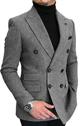 HSLS herr dubbelknäppt fiskbensmönster smal passform män kostym tweed ulljacka smart bröllop blazer