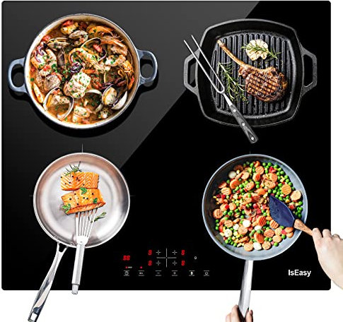 Placa de inducción, placa de cocción de inducción eléctrica – (6800 W, Autarkic, 4 fuegos, 60 cm, empotrada, táctil, temporizador, cristal cerámica) – 4 zonas