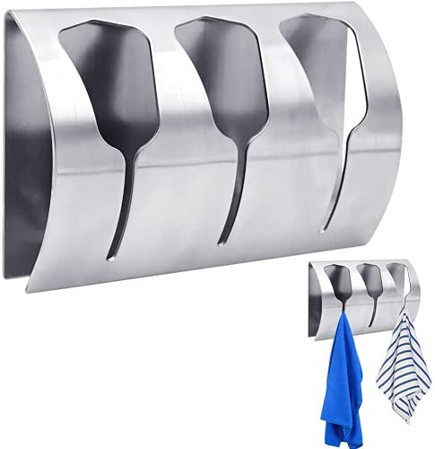 Self Adhesive Tea Towel Holders, 3 Hooks Stainless Steel Wall Mount Rack Towel Hangers No Drilling Towel Rail for Kitchen Bathroom Toilet Bath