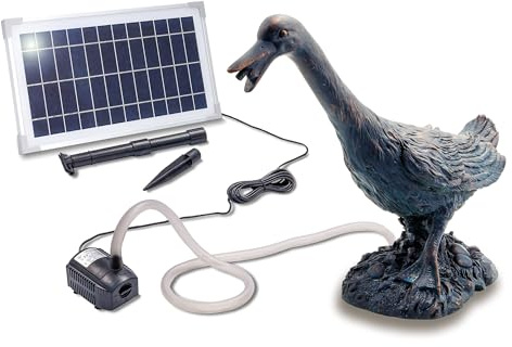 Esotec Solar Wasserspeier Gans Erna Solarbrunnen Gartenbrunnen 101651 | 8Wp Solarmodul, 380l/h Pumpe, Polyresin Gans, IP68, Trockenlaufschutz, Durchflussregler, Wasserstrahl 30cm, 5m Kabel