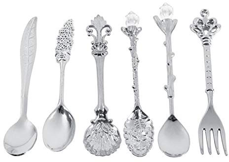 Flatware Retro Vintage Coffee Spoon Sugar Spoon Dessert Spoon Royal Style Tea Spoon Ice Cream Spoon Dinnerware 6PCS(Silver)