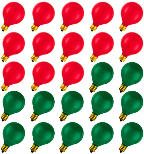 25 Pack G40 Red Light Bulb Green Light Bulb Ceramic Incandescent 5 Watt E12 Base G40 Light Bulbs Replacement for String Lights Colored Bulb Candelabra Based Red Bulb Green Bulb Christmas Bulb