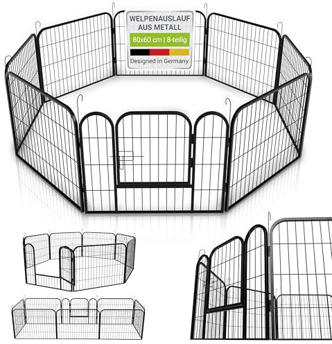 Juskys Welpenauslauf - Welpenlaufstall 8-teilig aus Metall- Freigehege mit Tür - Welpengitter für Hunde, Hasen & Kleintiere (160x160x60 cm)