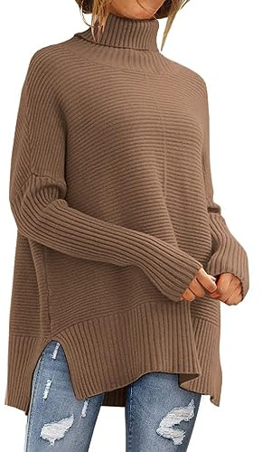 LILLUSORY Damen Oversized Rollkragenpullover Herbst Fledermausärmel Gerippte Tunika Pullover, Dunkles Apricot, Groß