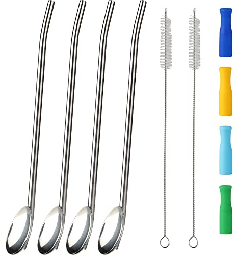 Ice Tea Spoons Long Stainless Steel Spoon Straw Bar Spoons Handle with Straw for Mixing Stirring Drinking