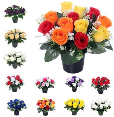 Mr. Barry’s Rose Artificial Flowers in Grave Flower Pots – UV-Resistant, Long-Lasting Design for Cemetery, Grave Displays, Home & Garden Memorial Arrangements (Yellow Orange & Red)