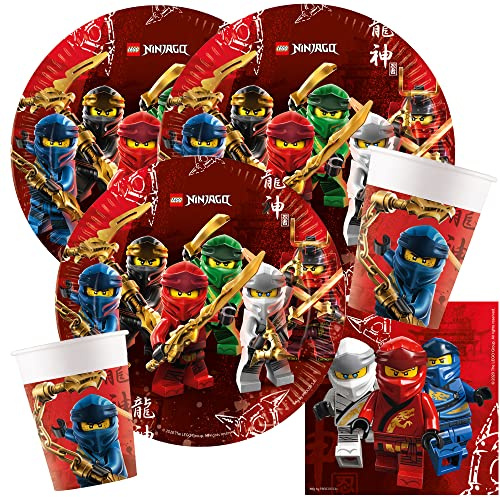 Set da 44 pezzi per feste - Ninja - Ninjago, piatti, bicchieri, tovaglioli + cannucce di carta per 8 bambini