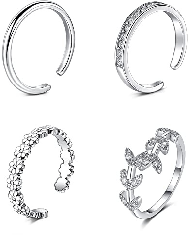 JFORYOU 4Pcs Toe Rings for Women Silver Adjustable Classic Circle Type Cubic Zirconia Band Flower Open Toe Ring Beach Foot Jewelry